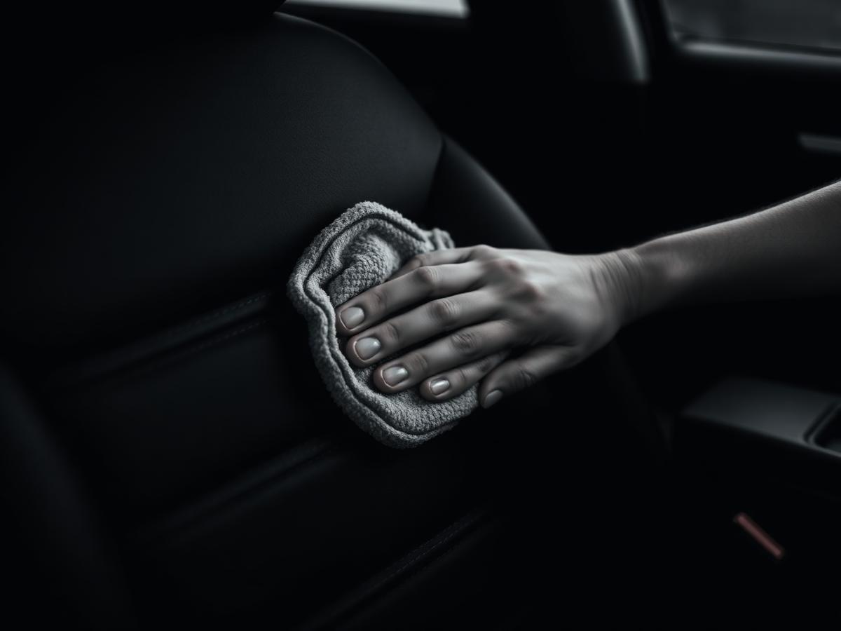 Detailer cleaning a black leather car interior